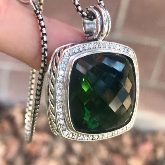 David Yurman 925 Silver Albion 20mm Prasiolite & Diamond Pendant With Chain - Picture 9 of 14